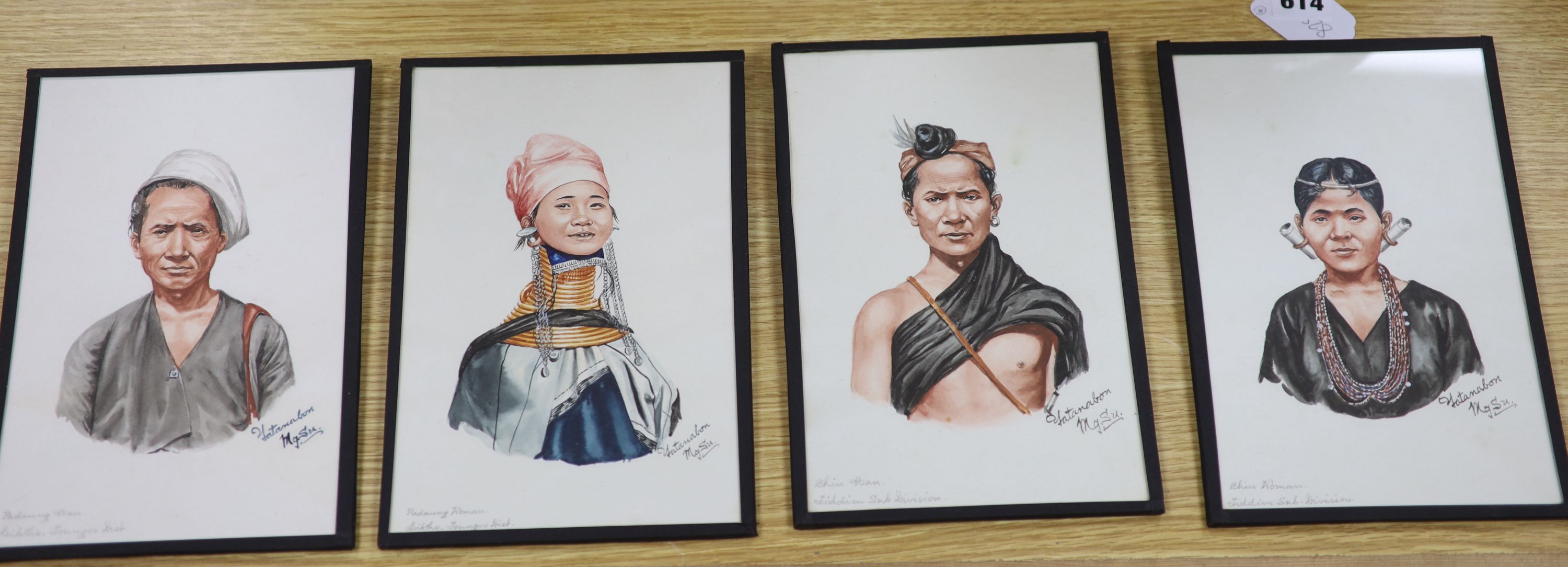 Mgsu Yatanabon, set of four watercolours, Portraits of Padaung men and women and Chin men and women, signed, 23 x 15cm